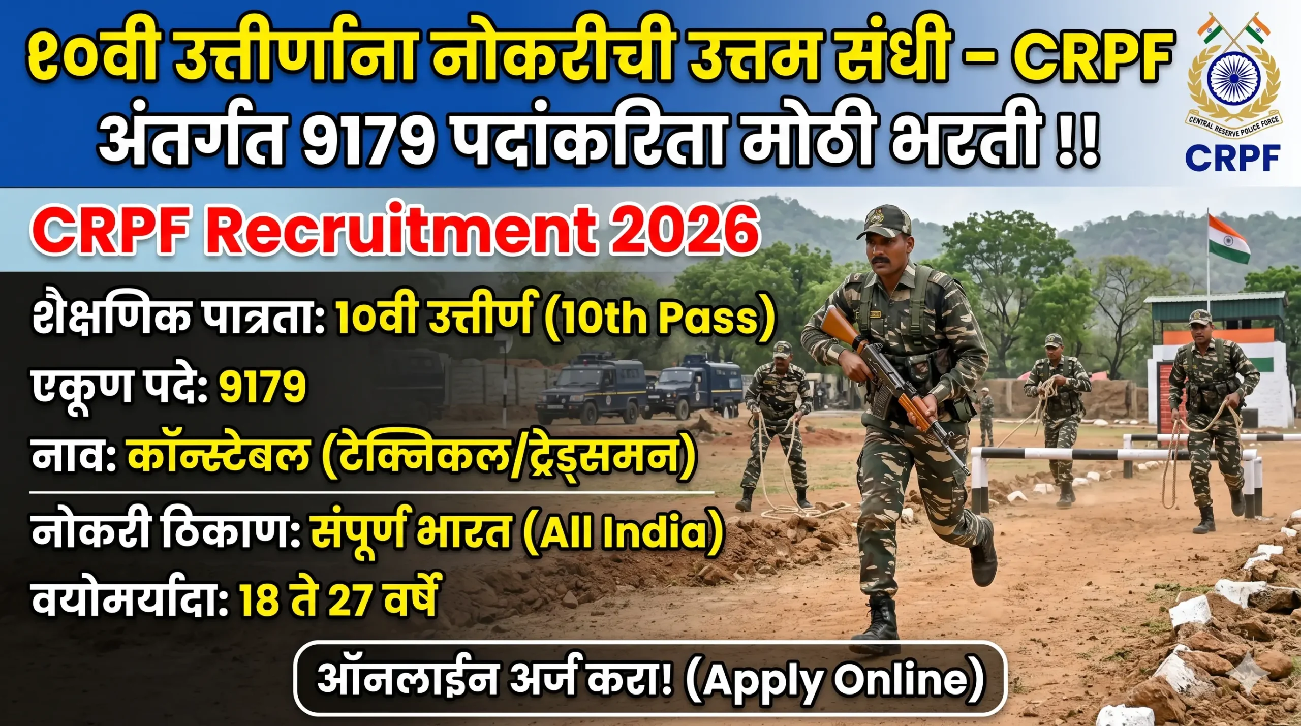 १०वी उत्तीर्णांना नोकरीची उत्तम संधी – CRPF अंतर्गत 9179 पदांकरिता मोठी भरती !! । CRPF Recruitment 2026
