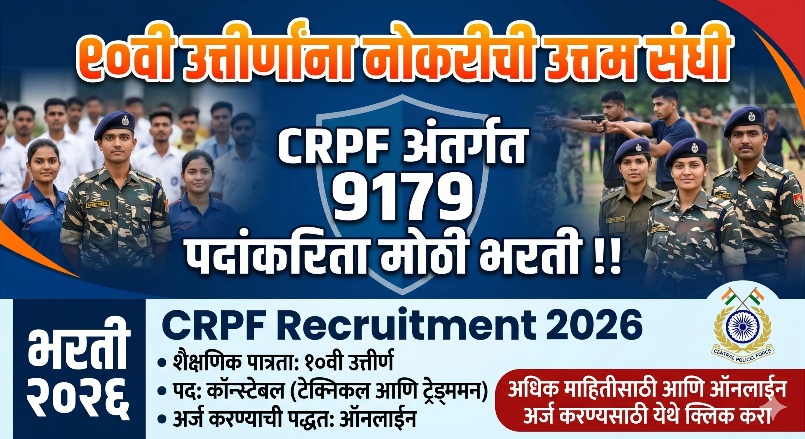 १०वी उत्तीर्णांना नोकरीची उत्तम संधी – CRPF अंतर्गत 9179 पदांकरिता मोठी भरती !! । CRPF Recruitment 2026